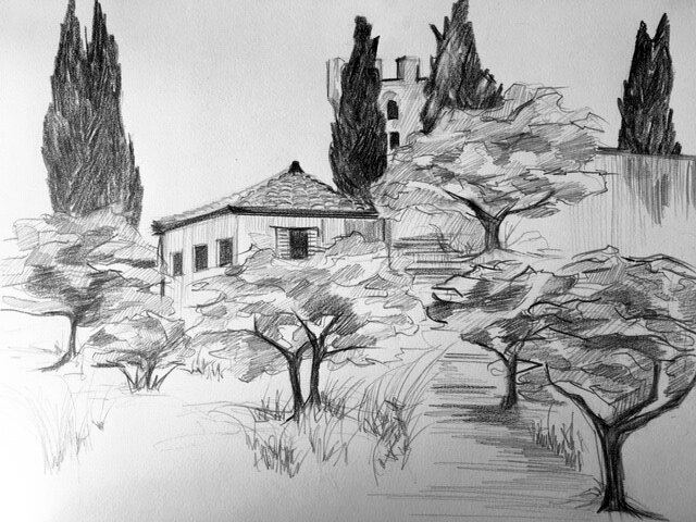 “View of the Granary”, graphite on paper, 16”x20”framed, 2019 $250 (contact corichampagne@gmail.com for purchases)