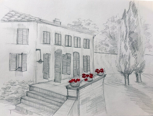 “View from the Granary Studio”, pencil and conte on paper, 16”x20” framed, 2019 $250 (contact corichampagne@gmail.com for purchases)