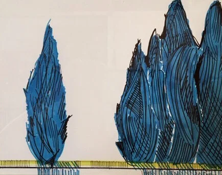 “Blue Cypresses near kitchen Wall”, marker on Bristol board, 11”17” framed, 2019 $225 (contact corichampagne@gmail.com for purchases)