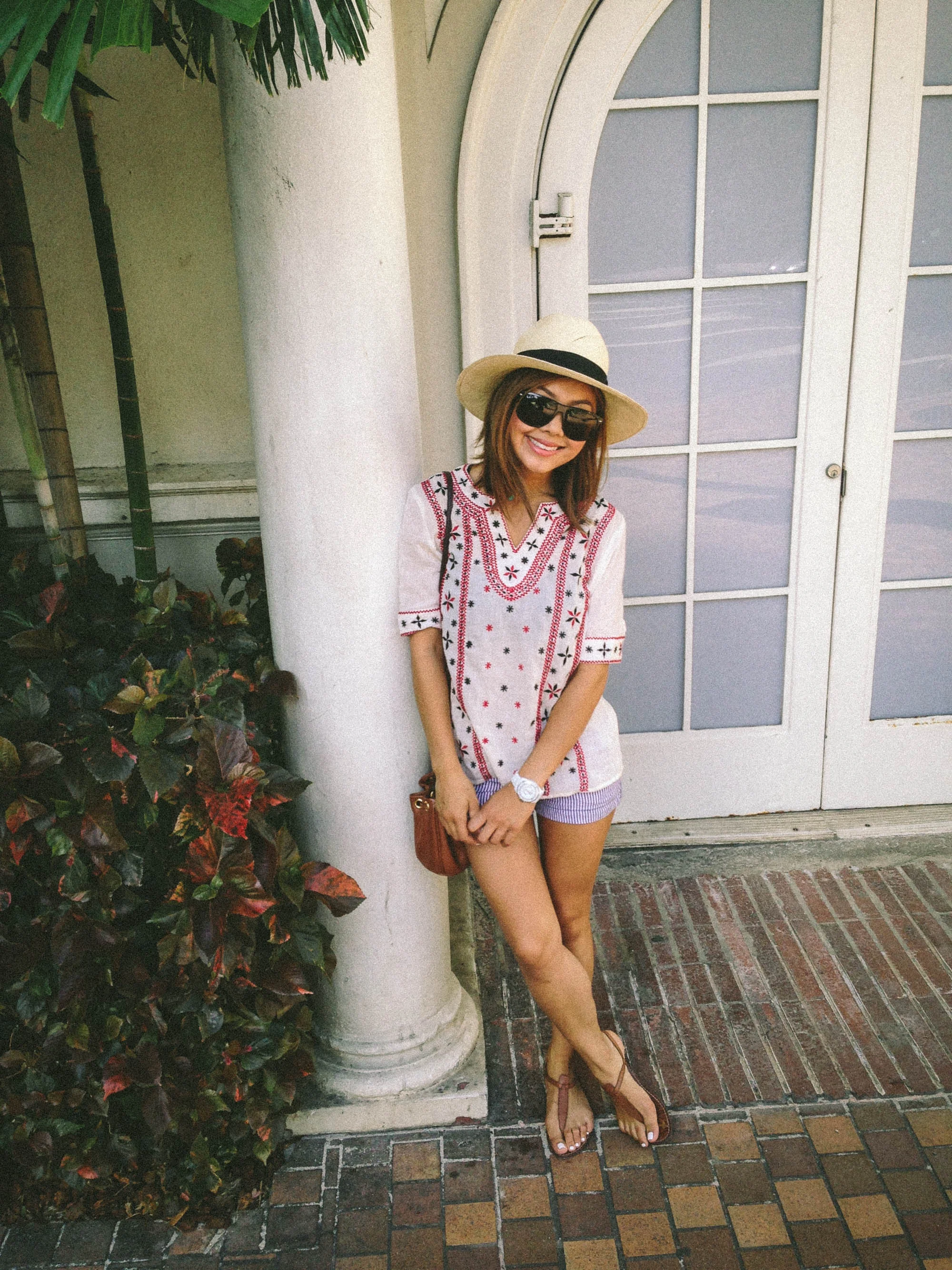 Hat: Jcrew , Shirt: Mango , Shorts: Forever 21 , Sandals: Sam Edelman , Bag: Marc by Marc Jacobs , Sunglasses: Ray Ban , Watch: Chanel