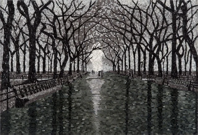 "This piece is all about the light, both as the focal point that draws you in,as well as the reflection on the wet pavement. My favorite photograph and mosaic to date!"