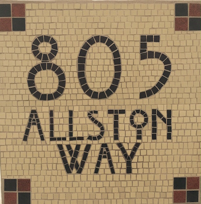 A Craftsman-style mosaic plaque by instructor Deborah Block. It just happens to be the address of the Institute of Mosaic Art!