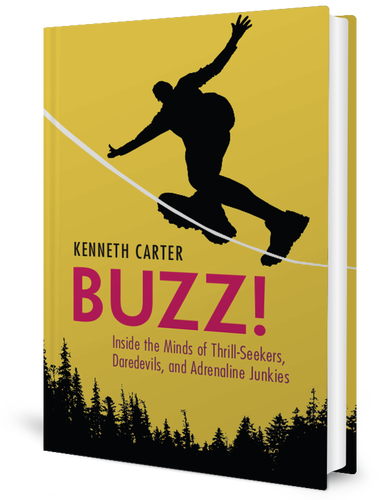 Book cover of "Buzz!" by Kenneth Carter, featuring a silhouette of a person skateboarding on a yellow background with a treeline at the bottom.