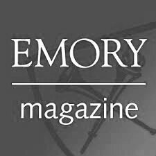 Emory Magazine text logo on a grayscale background