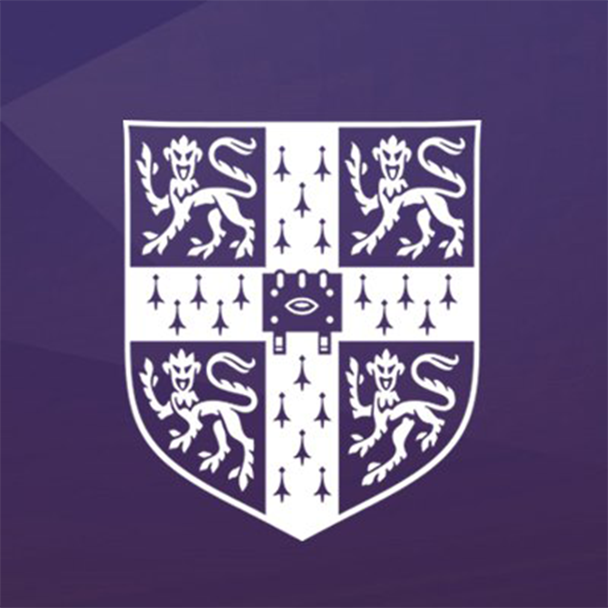 White heraldic shield on a purple background featuring three upright lions and an open book in the center.