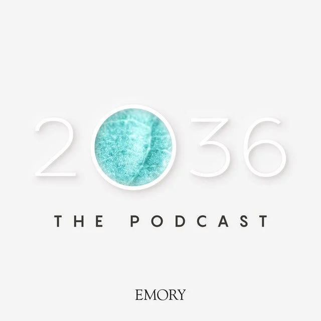 Podcast logo for "2036 The Podcast" by Emory, featuring the number 0 with a leaf texture inside.