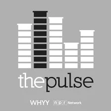 Logo for The Pulse featuring white and black vertical bars resembling a city skyline on a gray background, with "the pulse" in lowercase letters below. Includes "WHYY" and "NPR Network."