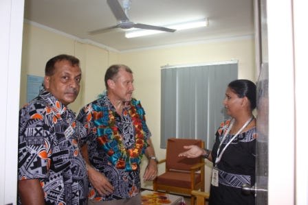 Mrs Vijaynti Karan Showing the counseling rooms to Mr Glenn Miles together with Mr Vishnu Deo.