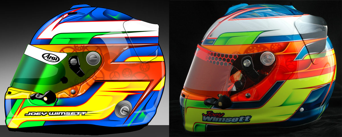Helmet for Joey Wimsett. Computer rendering on the left, the real helmet on the right.
