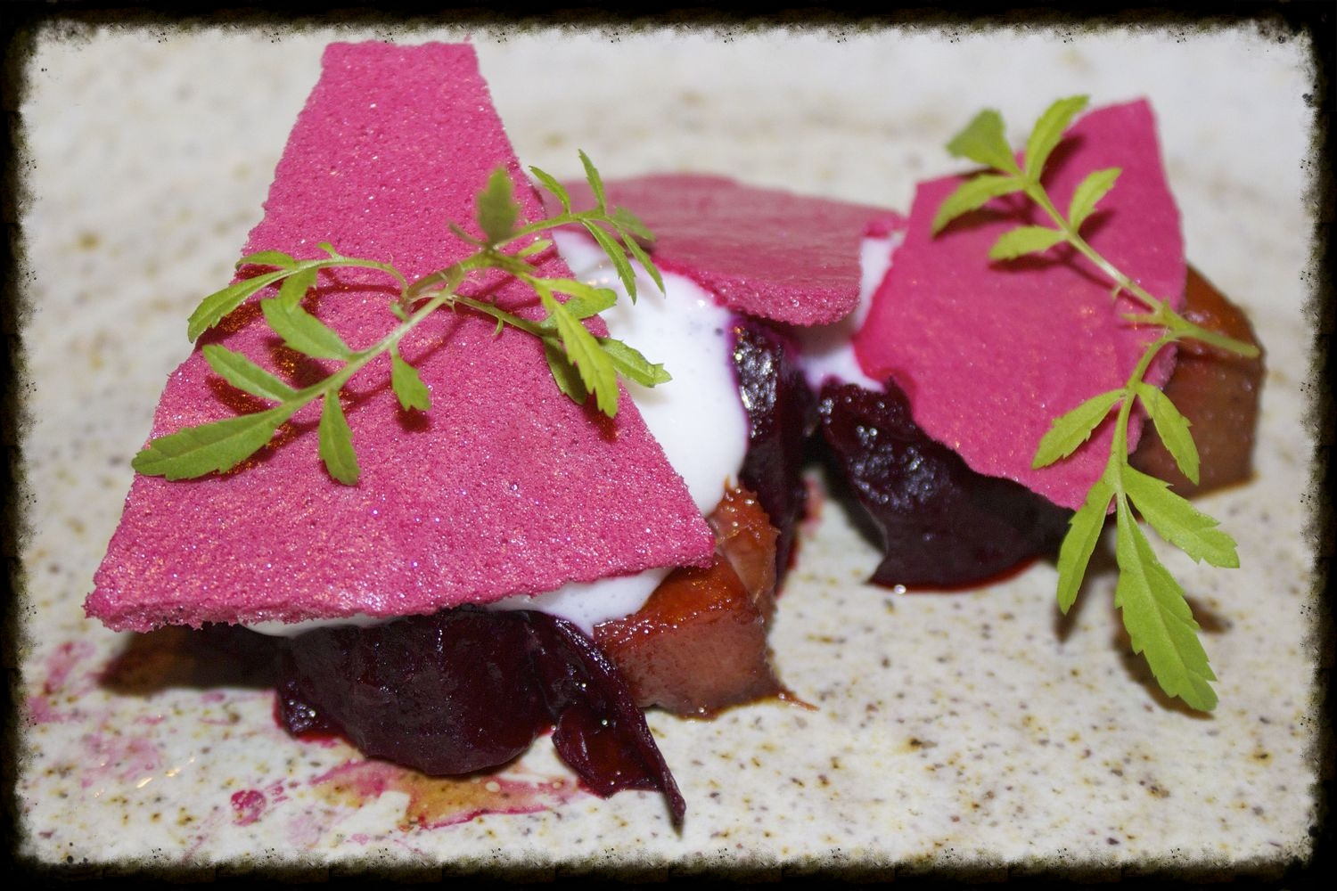 Salt baked beetroot, glazed ox tongue, yoghurt and apple marigold