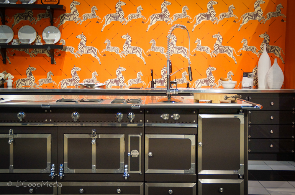 A La Cornue Island created especially for the display features against a wall covered in Scalamandre's Zebra | Photo copyright DCoopMedia