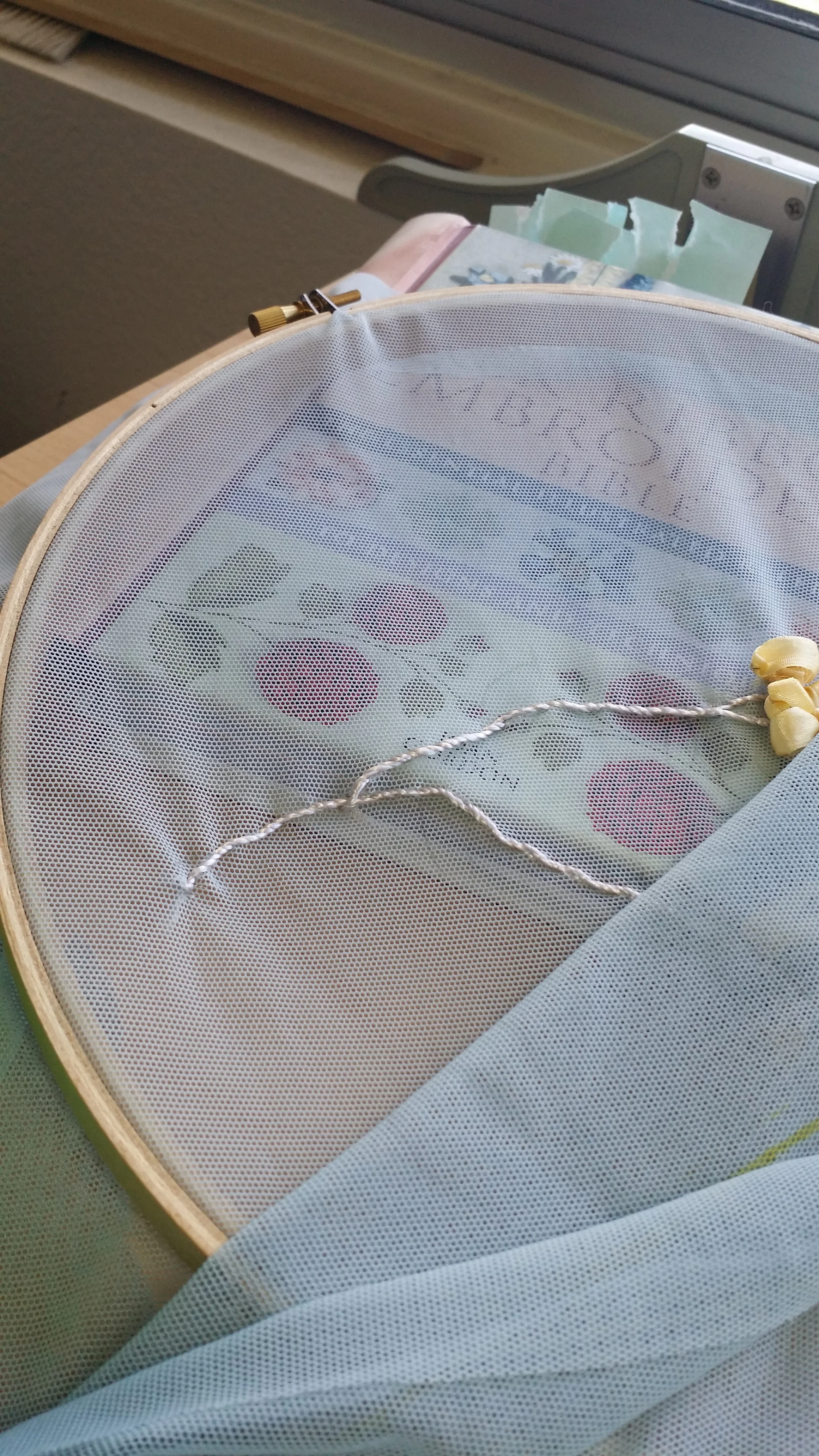 Silk souffle dyed to color, ribbon-embroidered with cherry blossom motifs, to be constructed into opera-length gloves