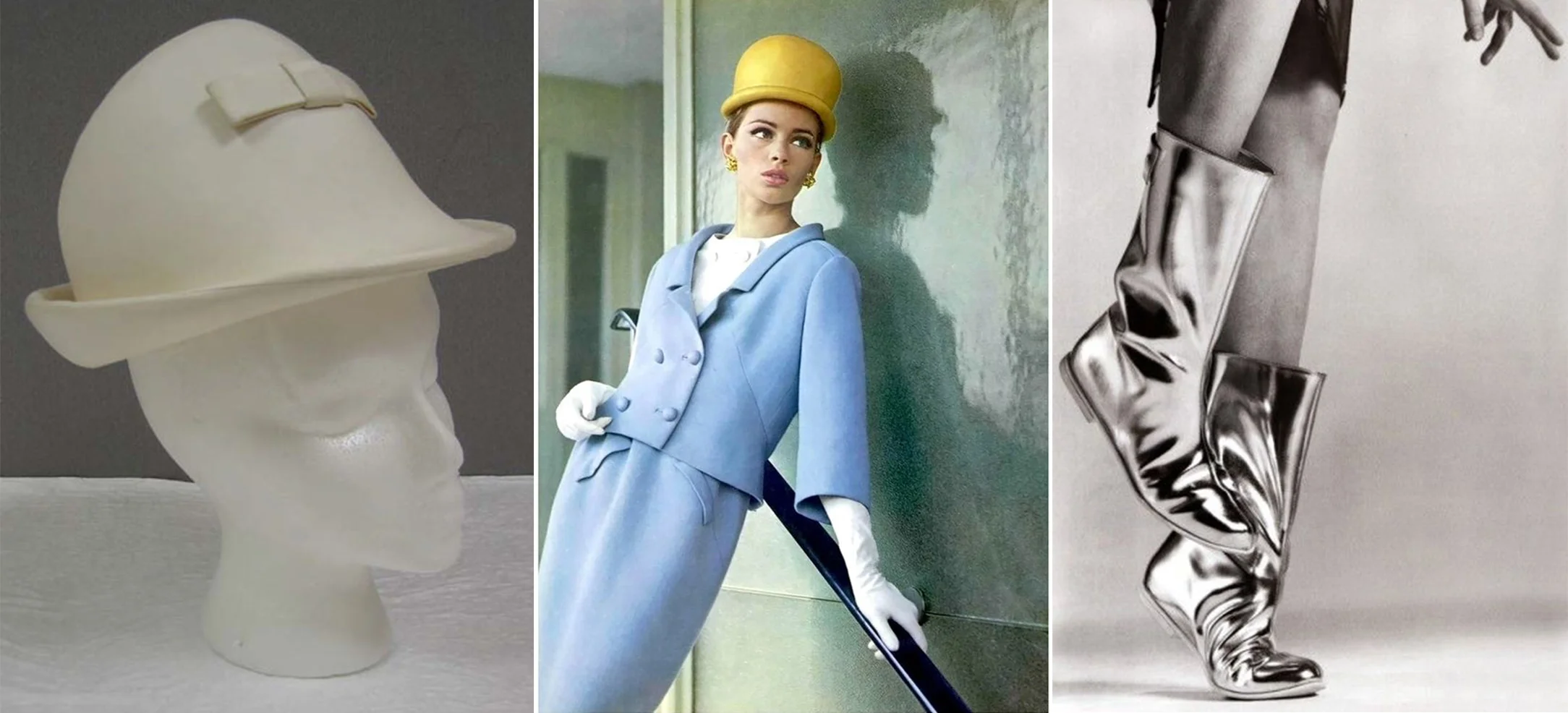 Courrèges has become known for his flat, mid-calf-length moon boots and bubble hats. Note that the hats here are not made of soft felt, as we’d expect, but smooth, semi-gloss leather. This material choice makes the style feel more like a helmet.