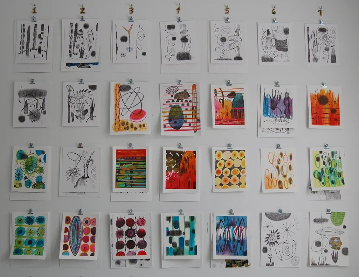 February's Drawings. 28 Days. Watercolor, black ink, and colored pencil.