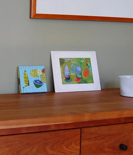 "Little C-Spin" acrylic on panel and "3 Spires" limited edition giclee. © T. Cox 2013