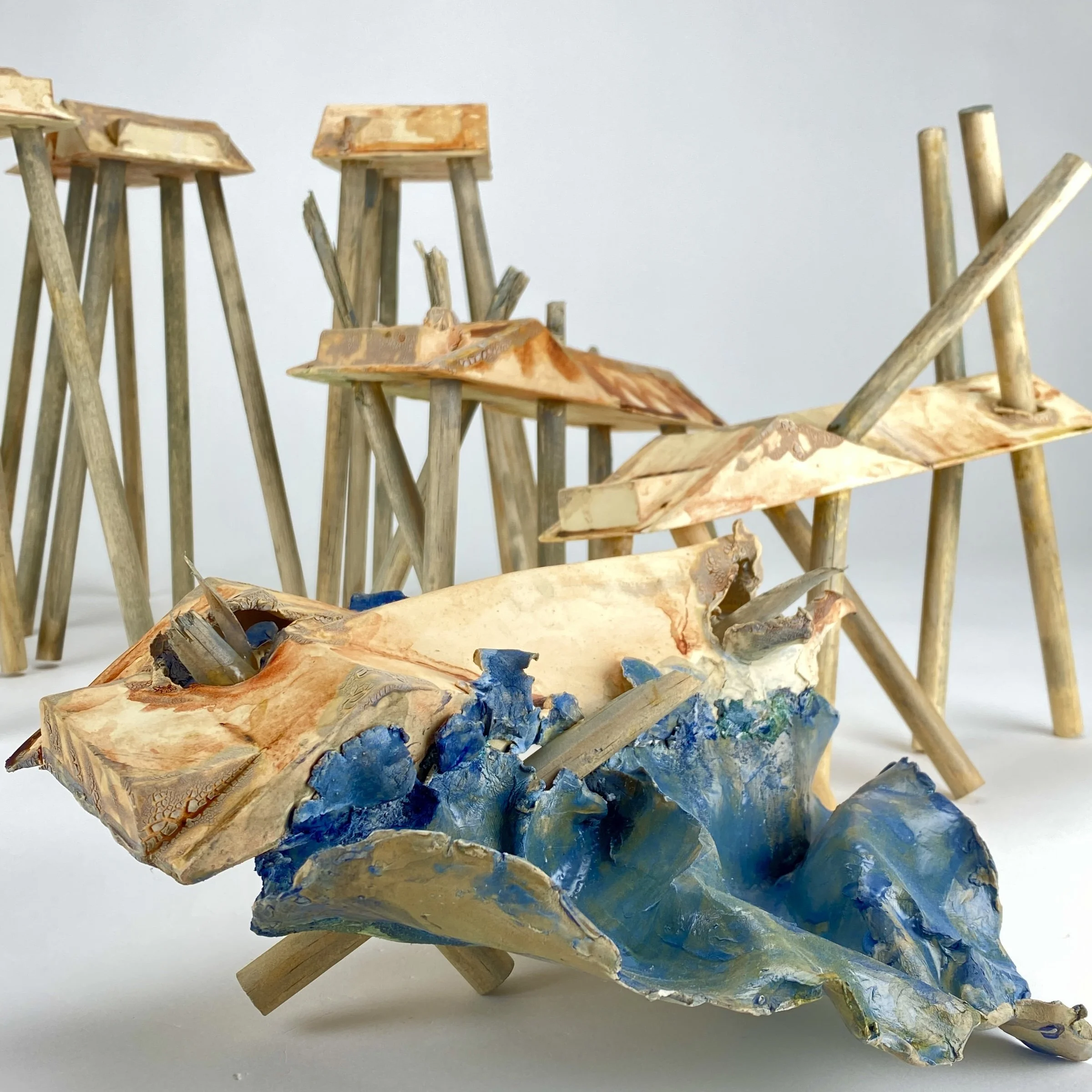 Instability 2025
Porcelain with oxide wash, glaze, wood and acrylic paint.
Overall size variable: 12” h x 24” w x 24” d.
