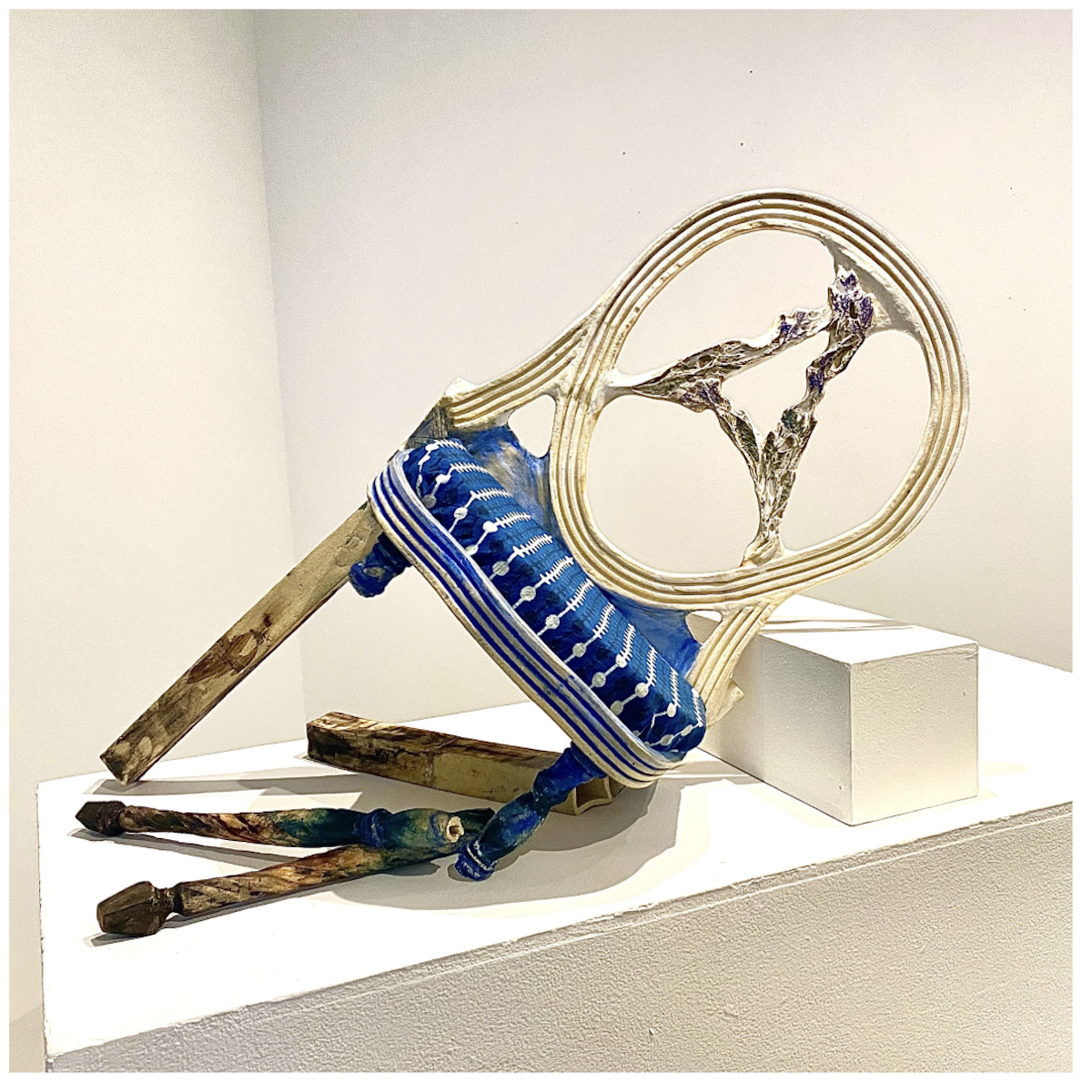 A Chair for Eliza (Pinkney)- a historical chair project 2024
Handbuilt ceramic chair with cyanotype photograph print on verso, under glaze, pigment, acrylic paint, fabric, foam, oil, and wax sealant.
20”h x 28”w x 18”d