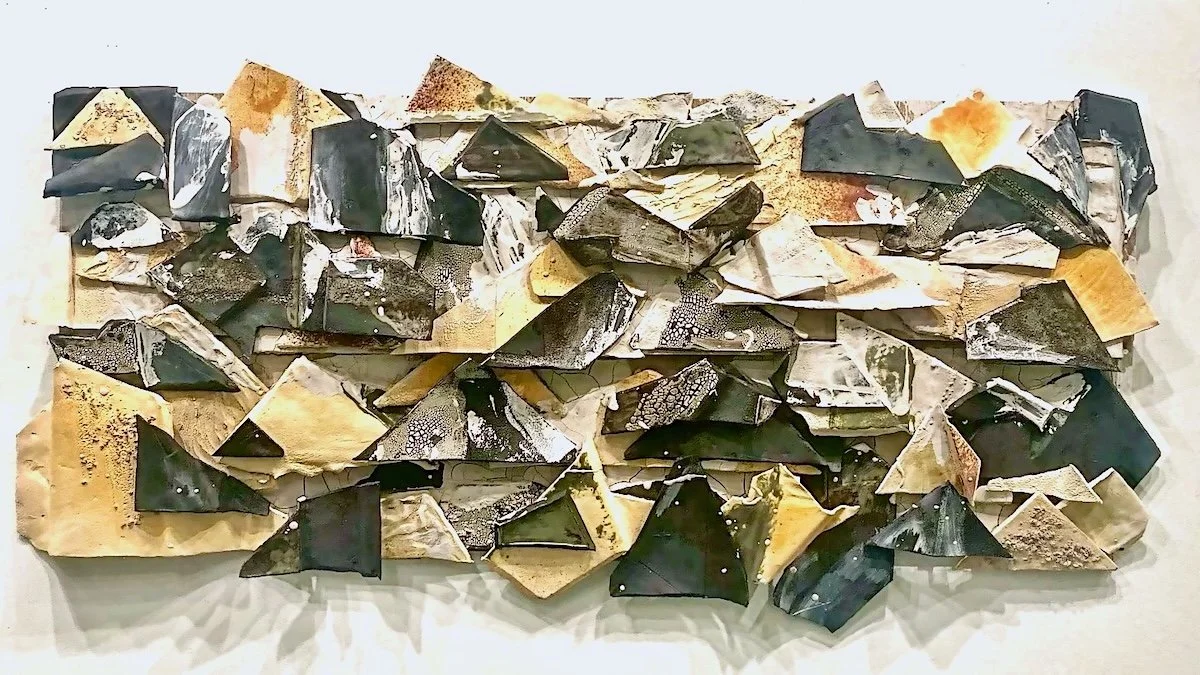 Chaos and Control 2024 
Ceramic stoneware, glaze, Hardie board, and raw clay. 
25 h" x 48”w x 6”d