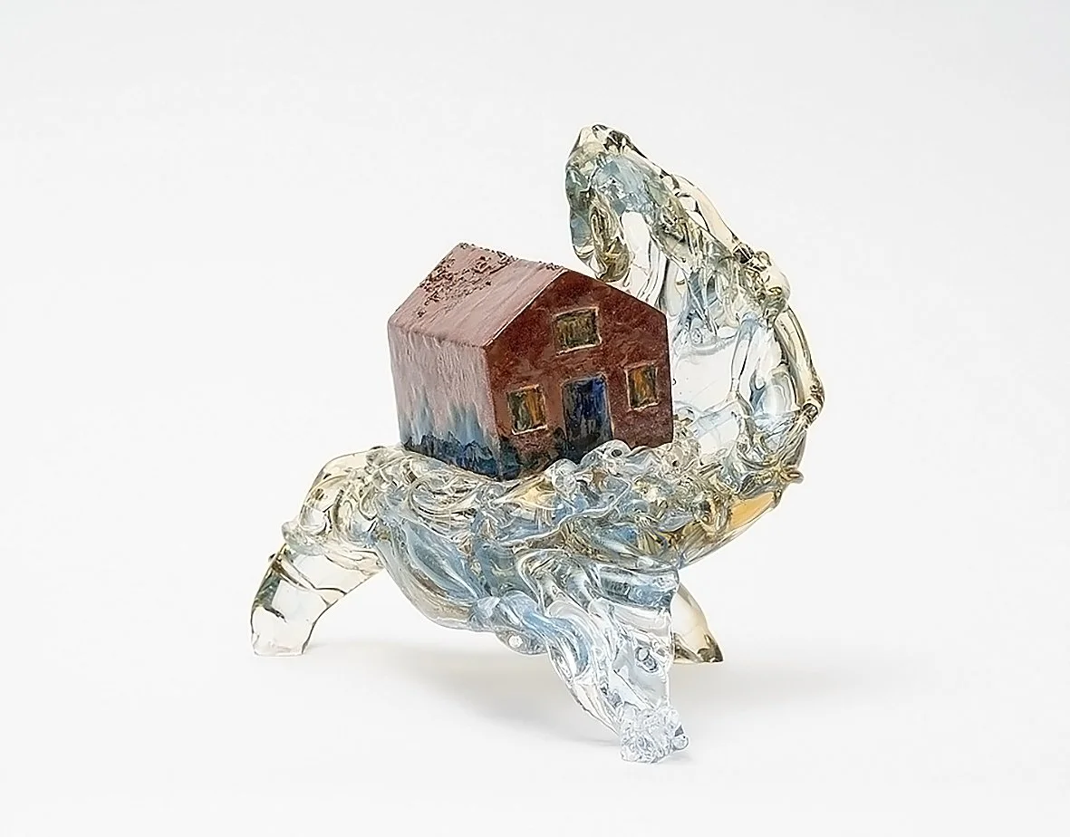 Upheaval 2025
Ceramic stoneware, underglaze, glaze and glass.
10.25” h  x 11.8” w x 10.25” d