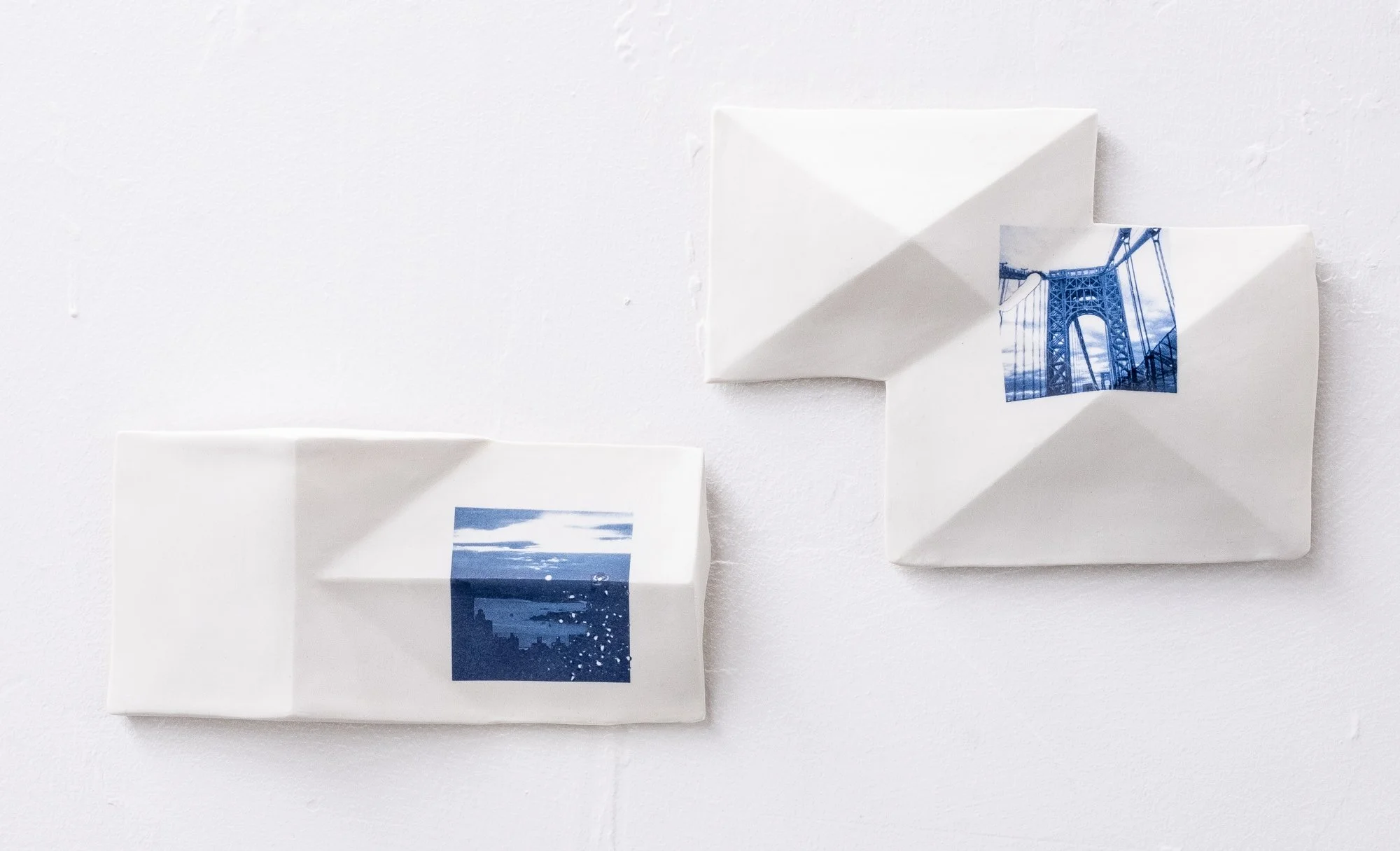 All the Places I (Be)Long Vignette no.6 2026. 
Porcelain and On-Glaze Cobalt Photographic Decals. 18"h x 18"w x 1"d