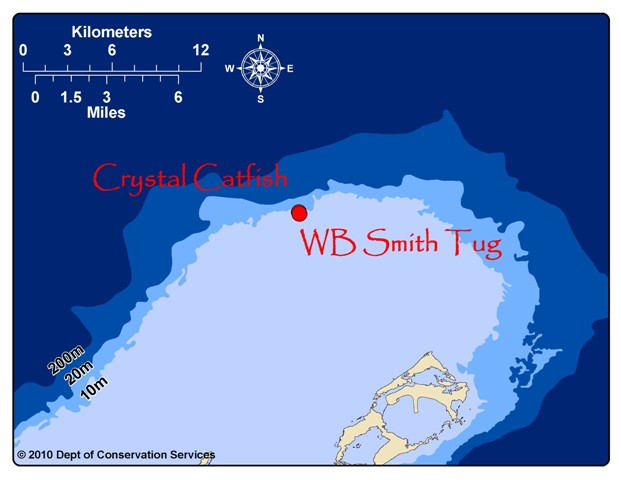 WB Smith Tug, located at 32.4747 N, -64.7688 W and the Crystal Catfish, located at 32.4757 N, -64.7694 W.