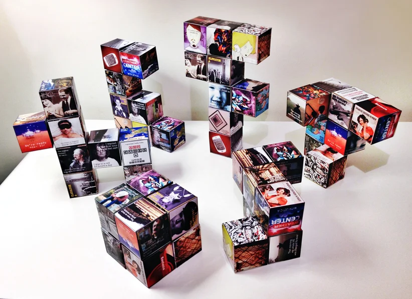 Different configurations reveal different facets of the cubes. When viewed through an augmented reality app, each image triggers different story fragments. Structures can be assembled, using the internal magnets, that bring these fragments together to produce complete movies.