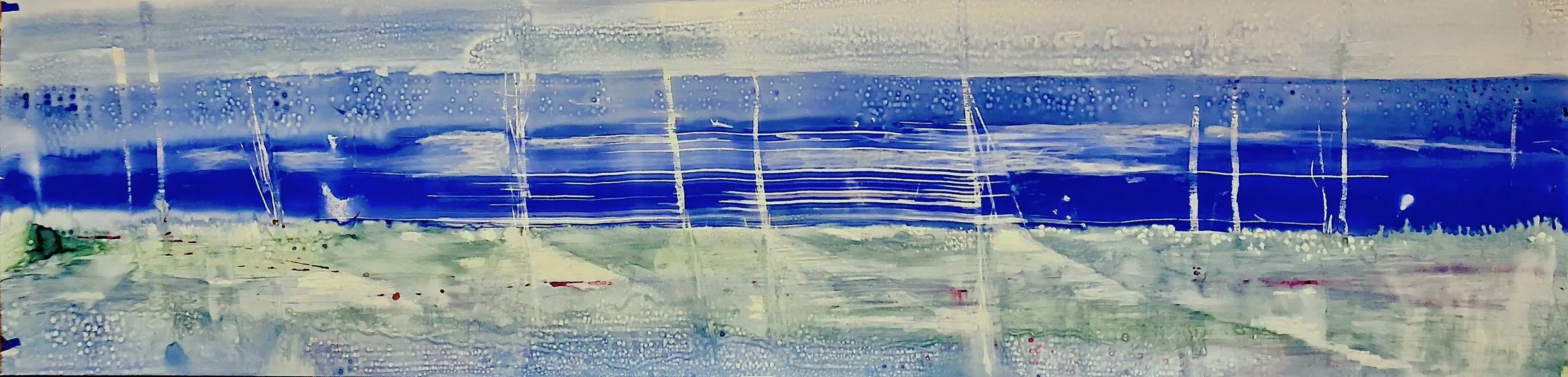 For J.R. Resist, 2018, Ink and oil stick on yupo paper, 20”x64”