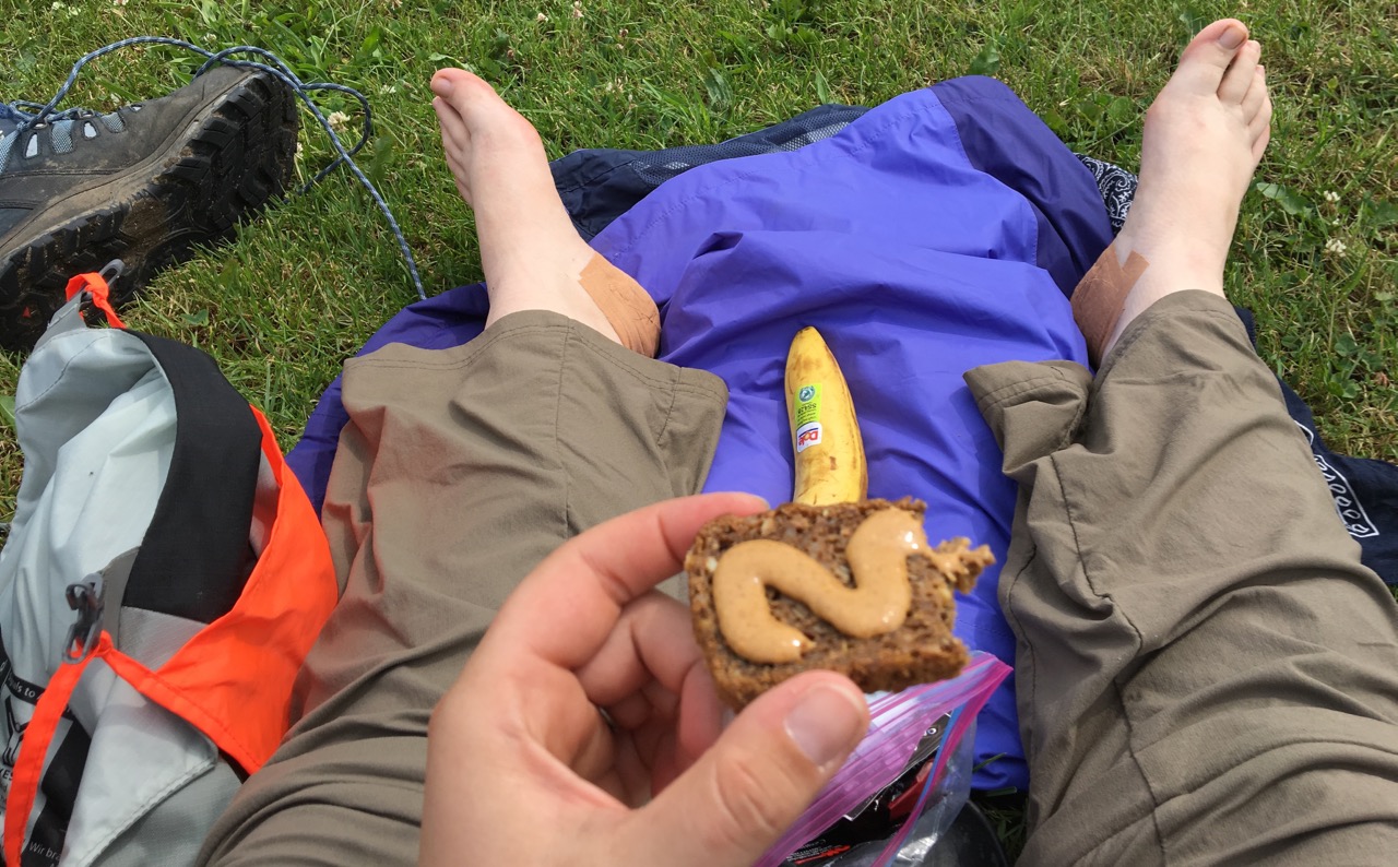 Peanut butter on dense brown bread with a (slightly battered) banana...yum.