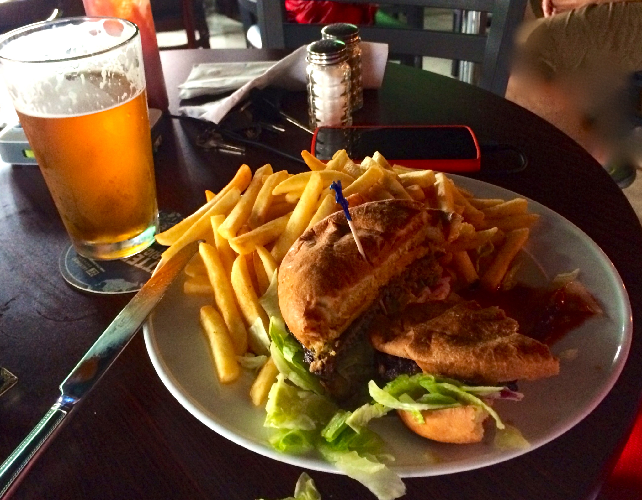 Burger and fries with a brew 