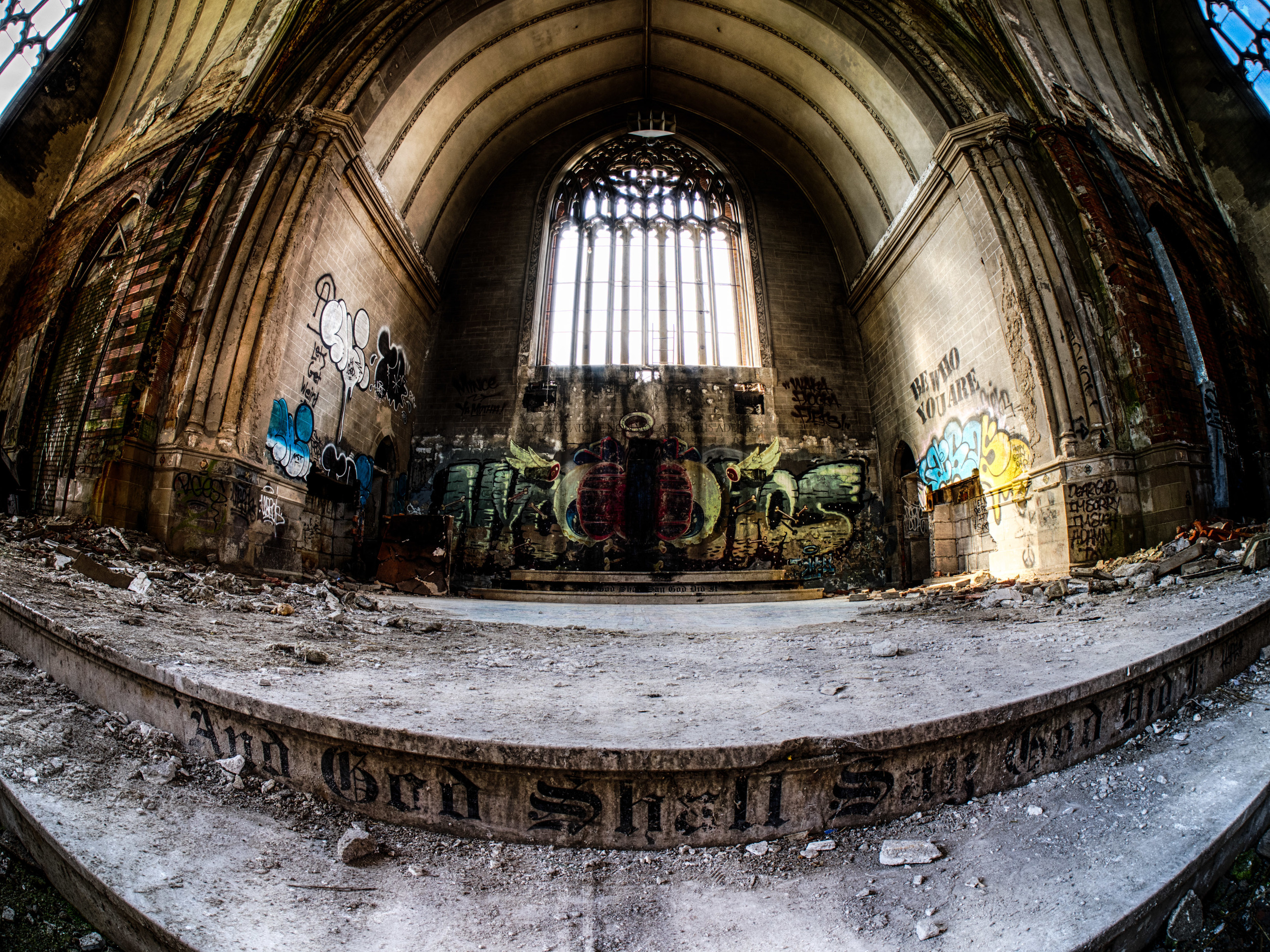 Inside the once beautiful cathedral of St. Agnes / Martyrs of Uganda Parish Church