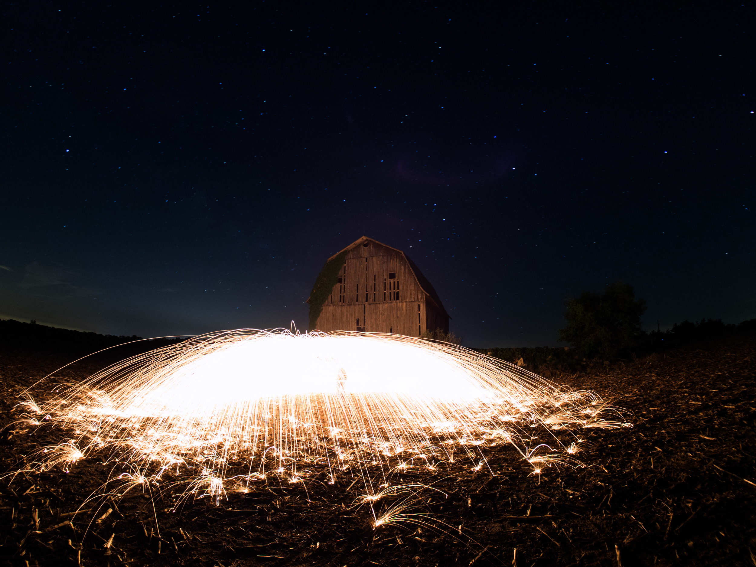 My favorite barn illuminated with the blaze of steel wool.