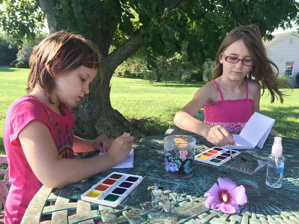 Cousins Jade and Bella I made folded sketchbook journals for the girls. They were easy to carry around and use wherever we went. 