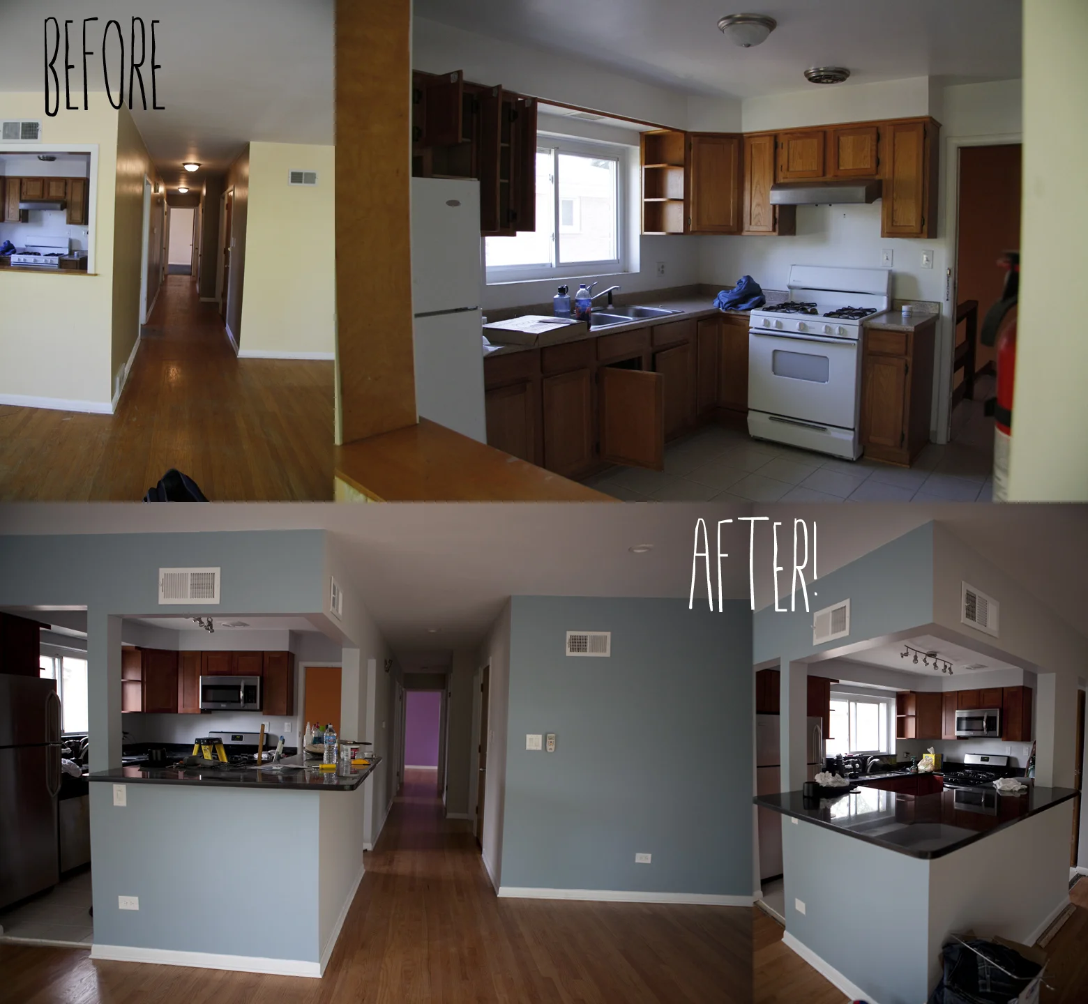 I know my crazy photo arrangement makes it difficult to see, but we completely gutted the kitchen. We opened up the wall blocking the view from the kitchen into the living room to give it an "open layout" feeling.