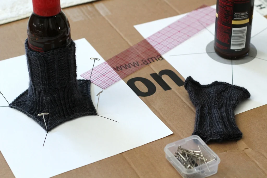 My thanks to @HunterHammersen for sharing this blocking trick. Instead of graph paper, I made a template to get the 5 points evenly spaced and sized. - FO: Precipitous Cuffs | withwool.com