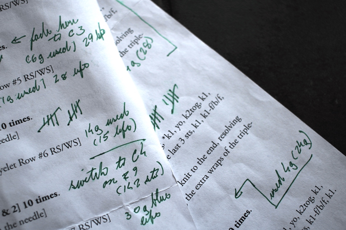 A segment of the knitting pattern with my notes tracking row counts, yarn used, and when to switch colors. Marginalia and Spreadsheets || withwool.com