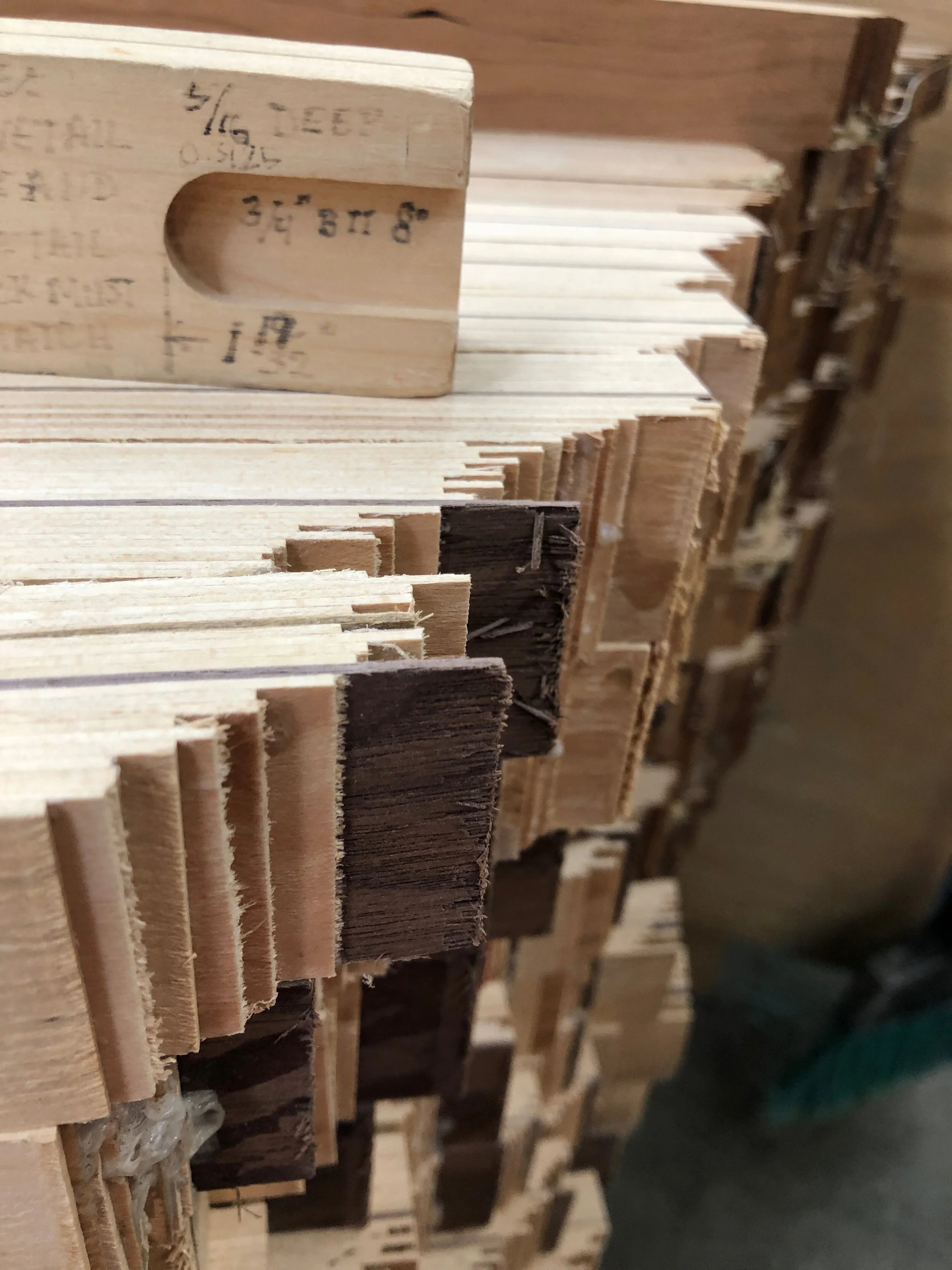 Rough edges of laminated and shaped wood beams for the Matchless Spinning Wheel. Celebrating Schacht’s 50th Anniversary || withwool.com #schacht50years