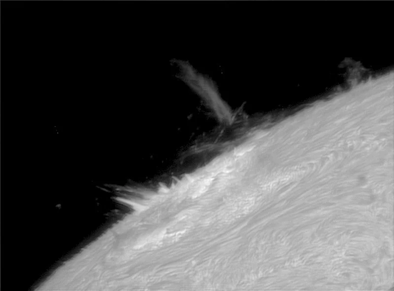 Orion ED 100/900, Baader DERF 110, double-stacked Coronado SM90-90/BF30, UO Klee 2.8 x barlow (2.5 m EFL), PGR Chameleon, captured with FireCapture, aligned, stacked, and wavelet processed in RegiStax6, and final processing in Paint Shop Pro. Seeing 7/10, transparency 9/10, winds E @ 2 kph, temp 28 C, time 15:40 UTC. 