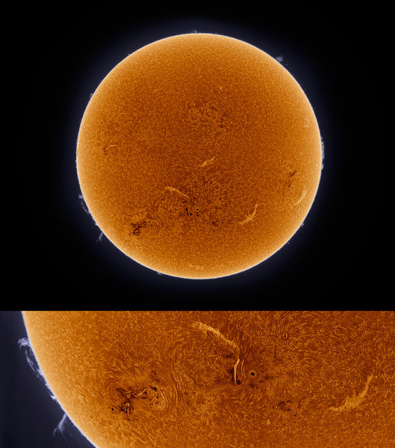 " Today I finally was able to get first light with my new Lunt. I made a mosaic with my DMK31 camera. The bottom picture is a mosaic using my 2.5x Powermate for a total focal length of 1400mm. First impressions is very good, I really love the details I'm getting from this scope, and the views through my bino is phenomenal."