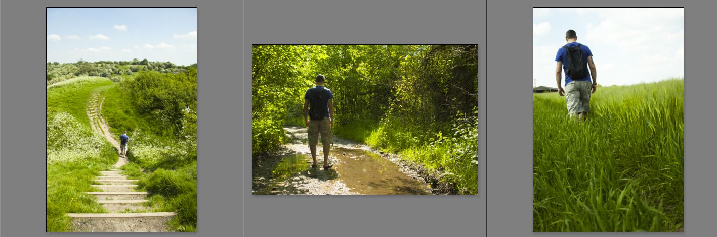 Laura Franklin - Another good panel that tells us a story of Laura's normal view walking behind Steve. The colour and subject consistency shows how this works well and even the switching of orientation in the middle image feels balanced next to the other two frames.