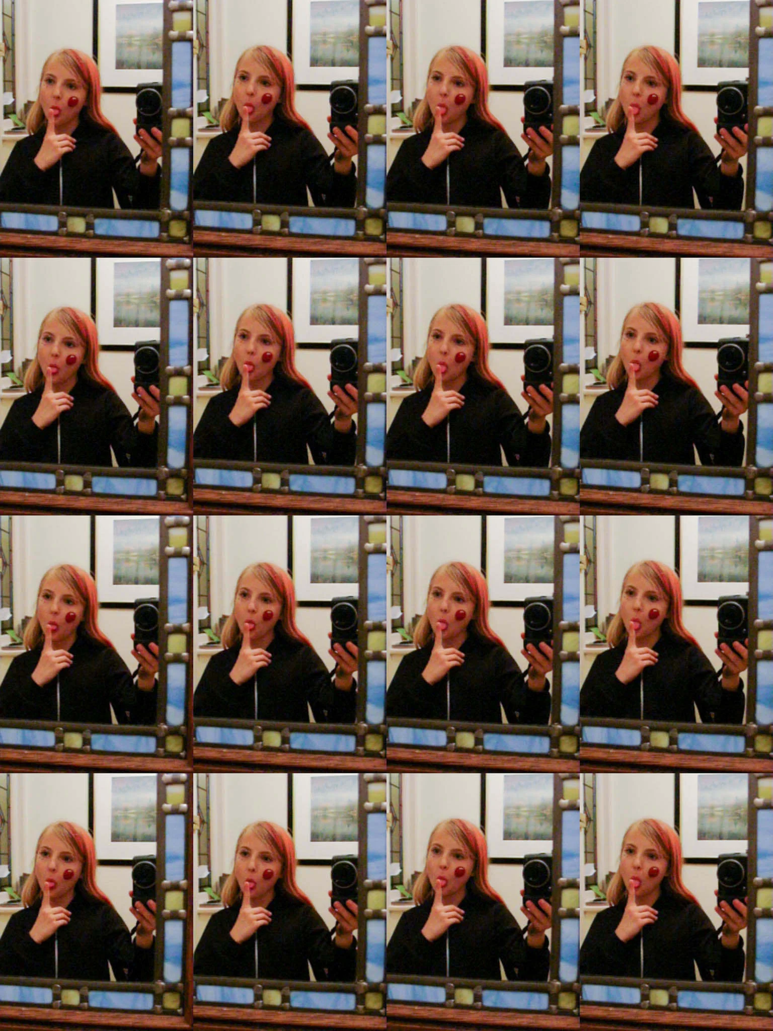 Title of Image:  Red Ruby DayDescription:  The portrait shot has to be a mirror image or a selfie.How did you take the shot?  How I did it, I held the camera at an angle and tried to fit in all of my face. We held the button down so it took lots of …