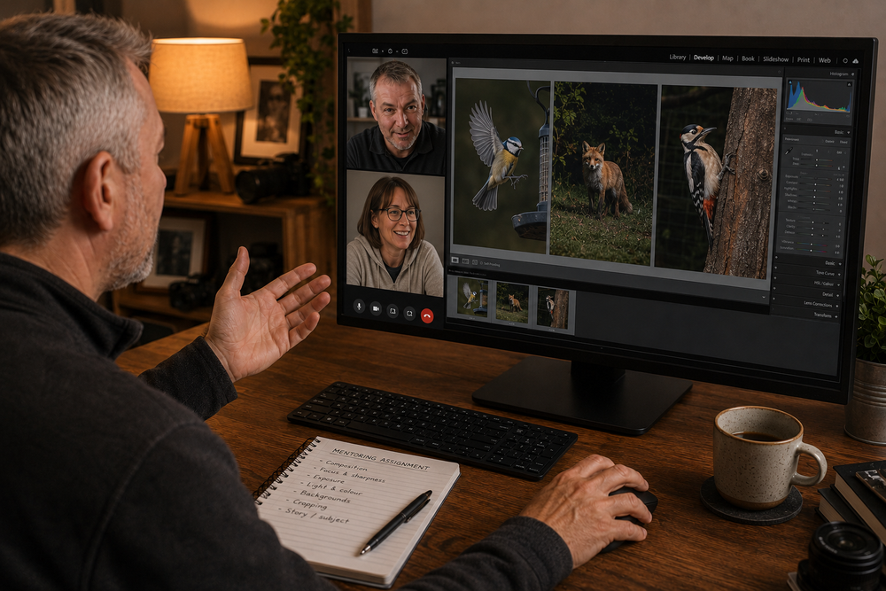 Online photography mentoring session — reviewing monthly assignment images in Lightroom over Zoom