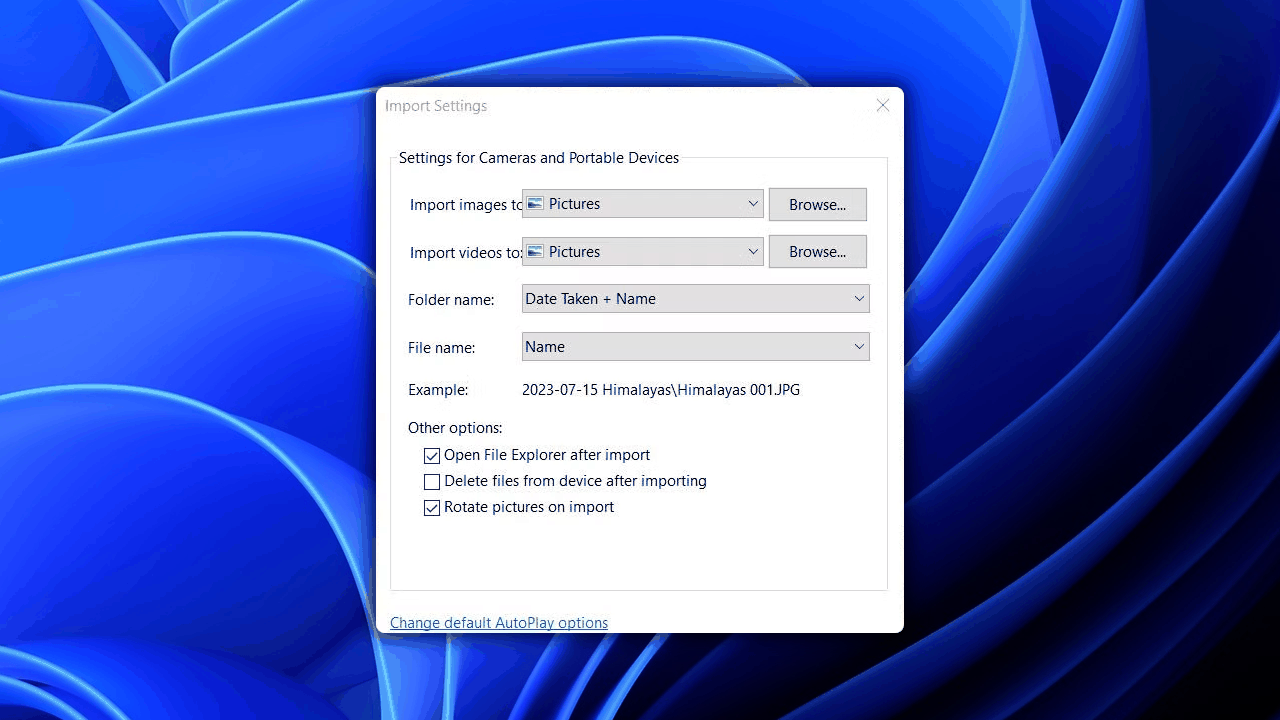 Additional options in the Windows 11 photo import wizard