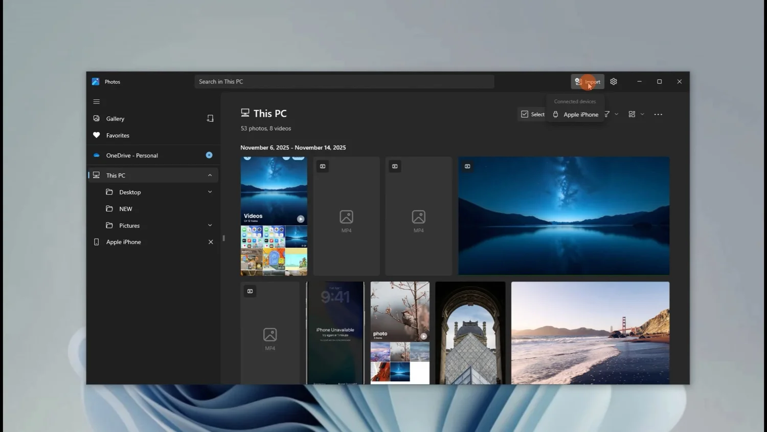 Adding an iPhone in the Windows Photos interface