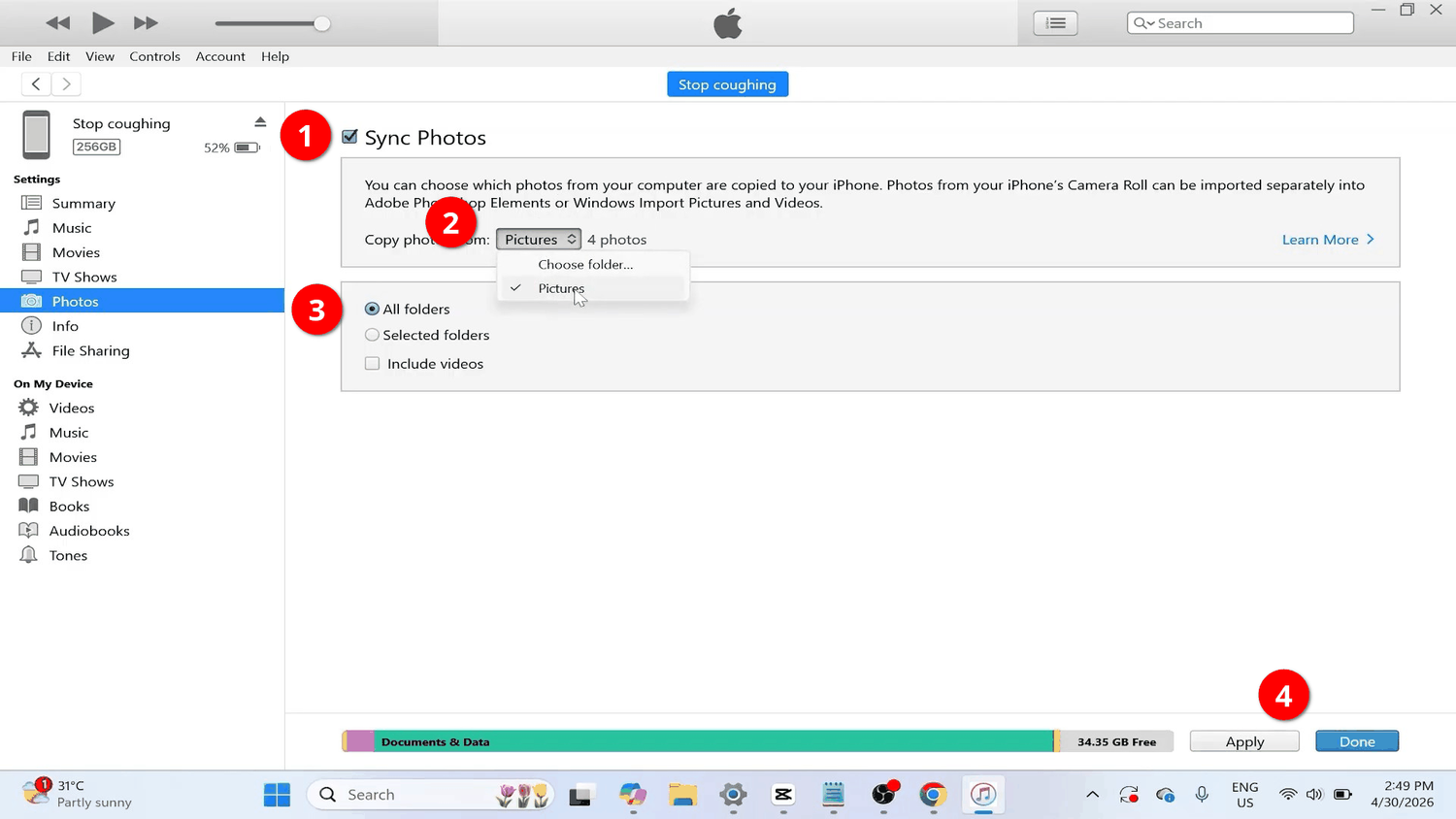 Copying photos from an iPhone to a computer via iTunes