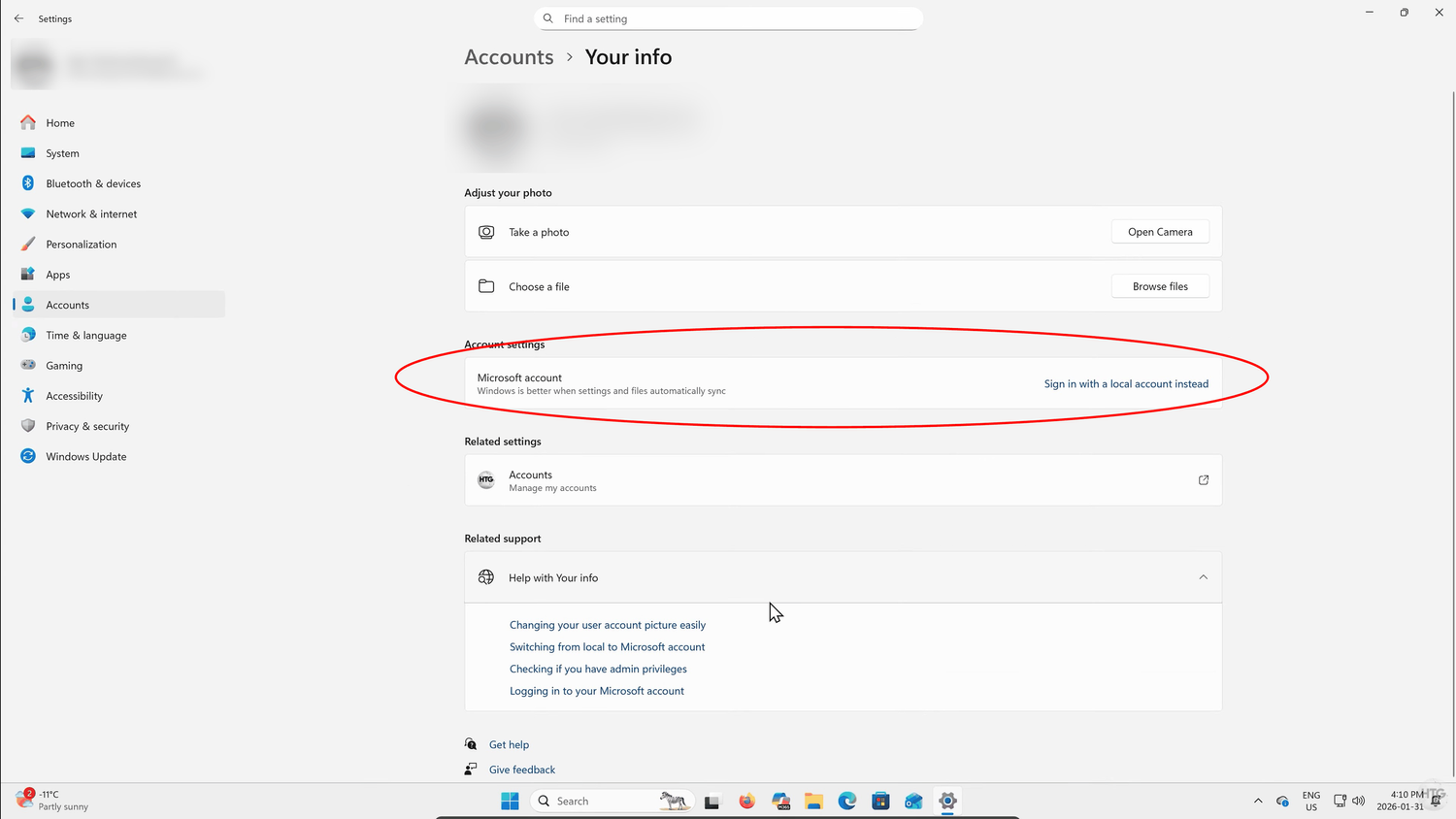 Switching from a Microsoft account to a local account in Windows