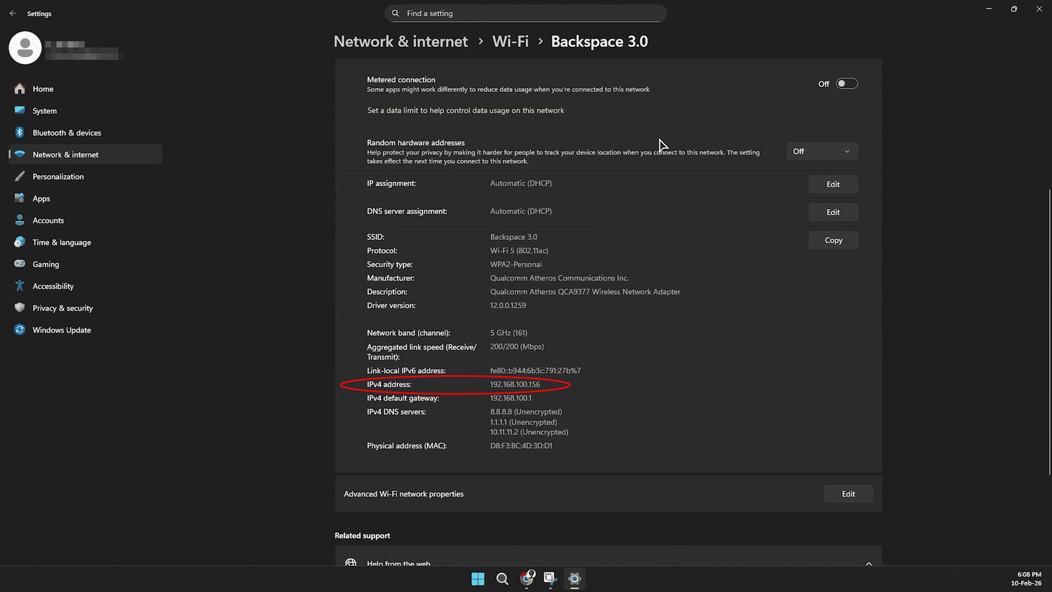 Finding the local IP address in Windows 11 settings