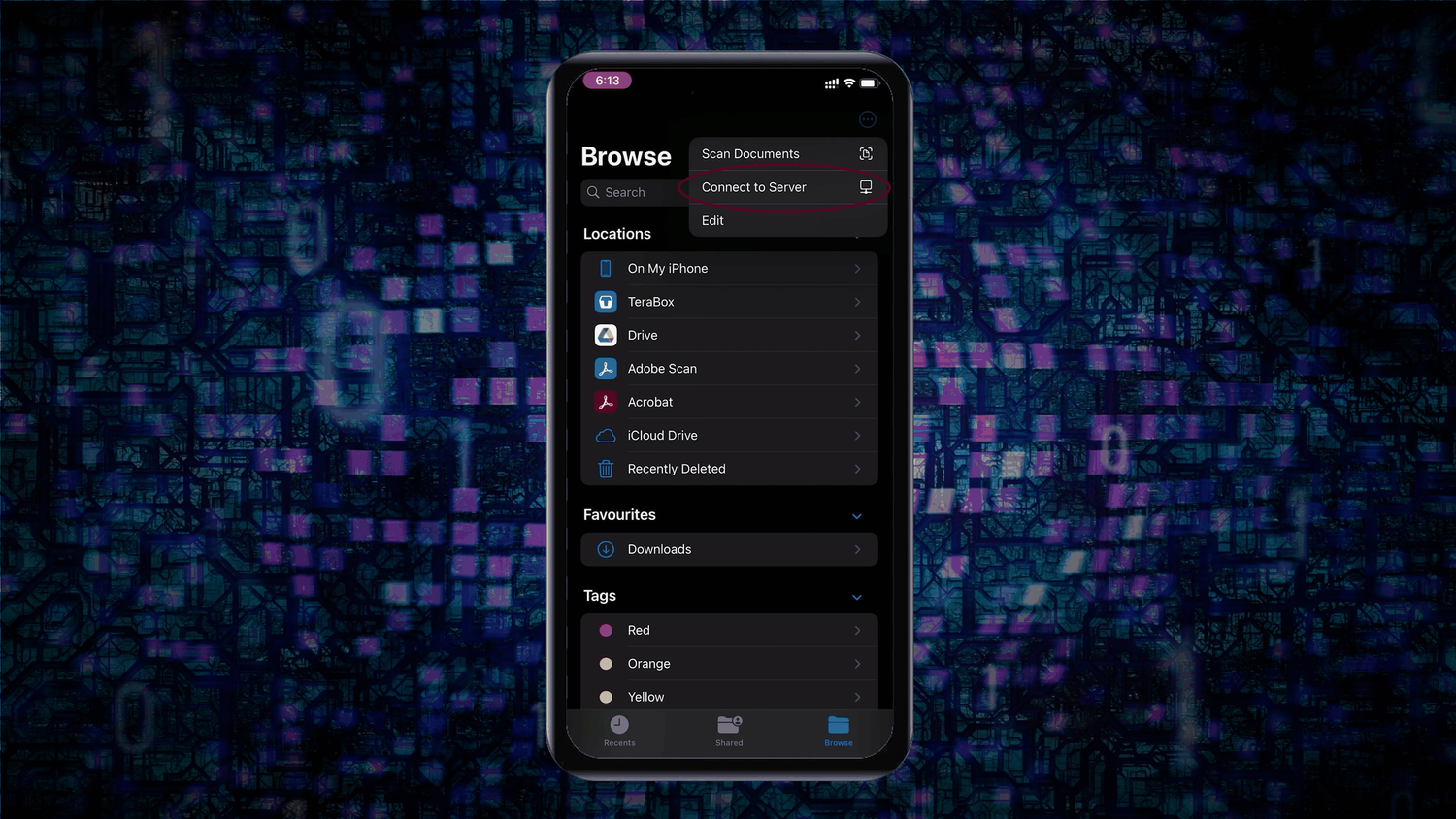 Connect to Server menu on an iPhone