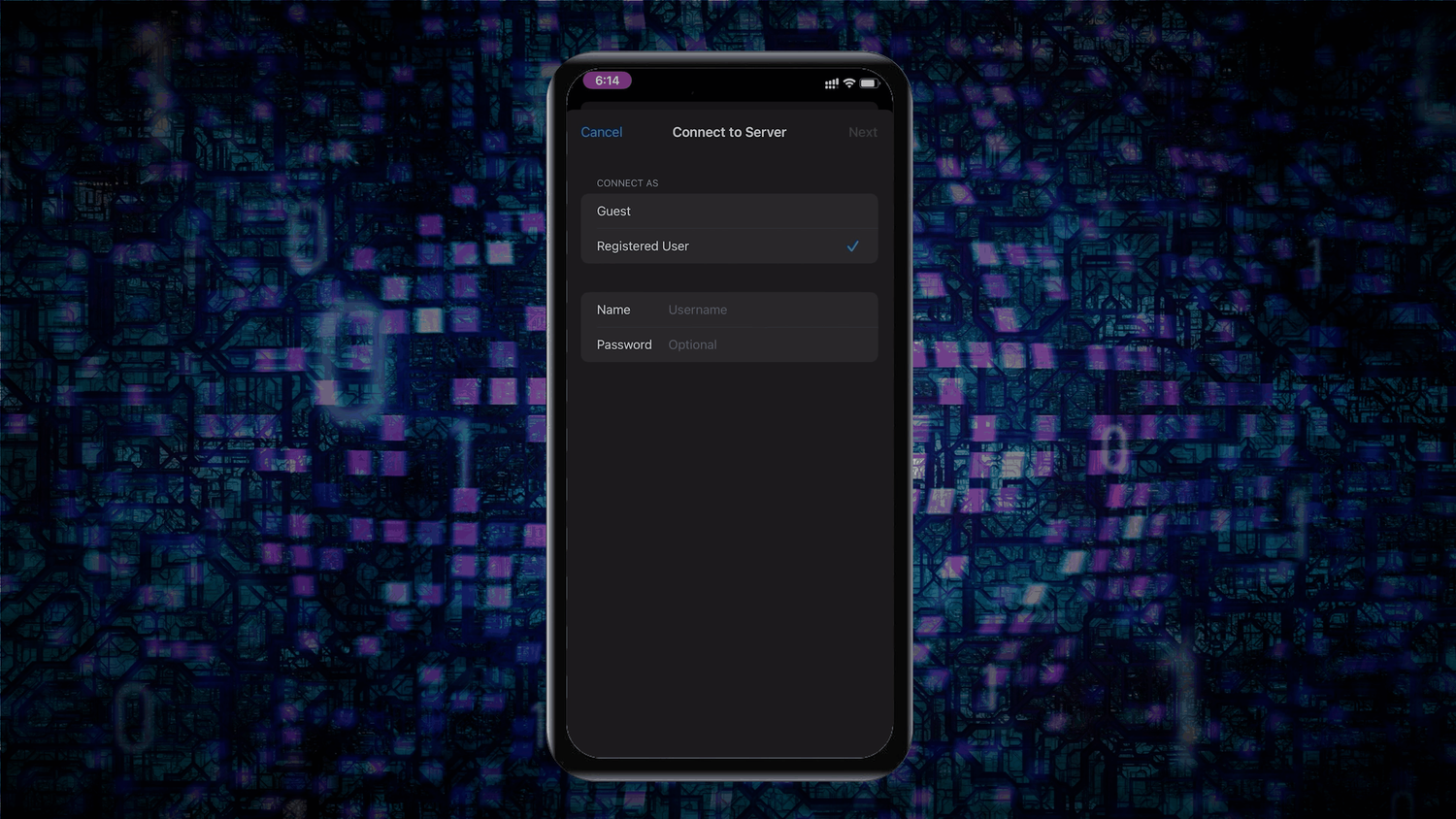 Windows username and password form in the iOS file manager
