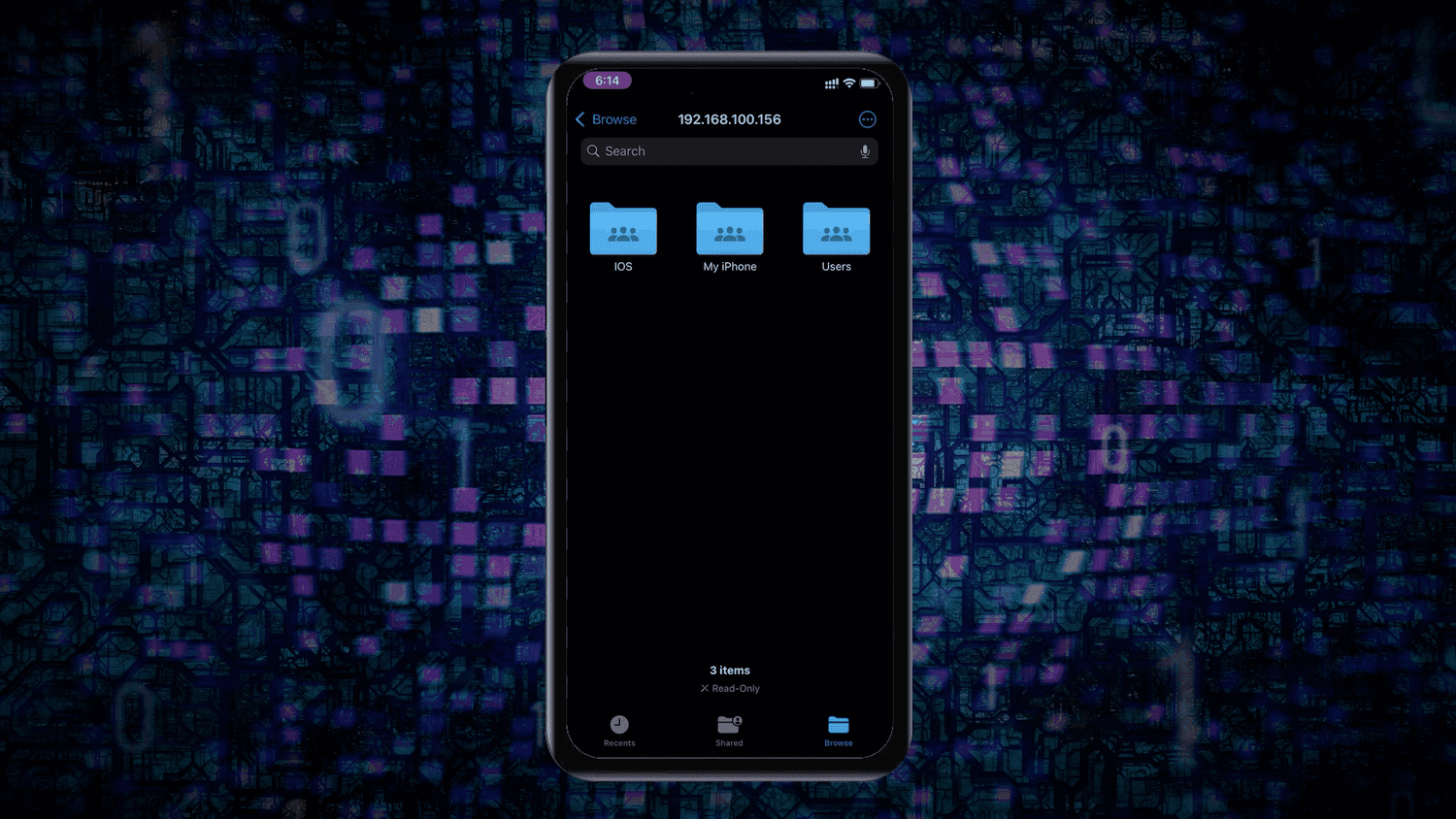 Shared Windows folder displayed on an iPhone
