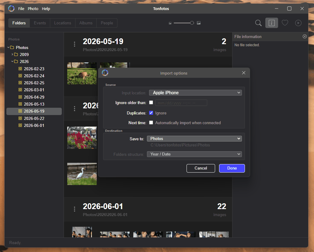 Configuring the import of iPhone photos in Tonfotos